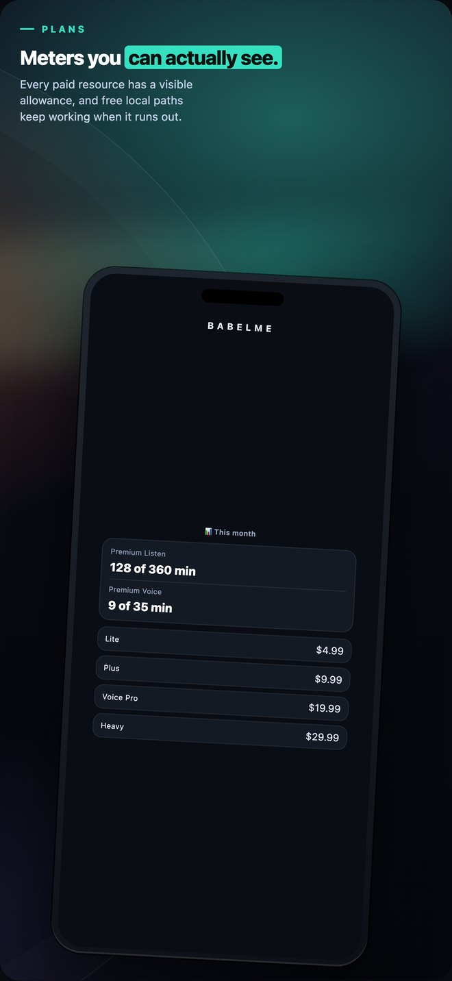 BabelMe plans and visible monthly usage meters