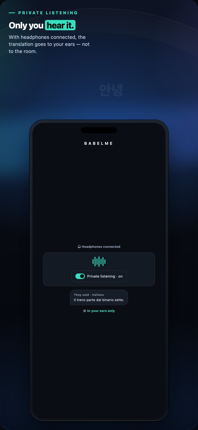 BabelMe private listening sending translated audio to connected headphones