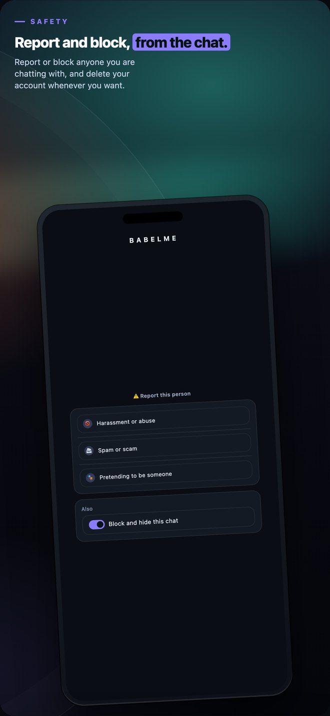 BabelMe report dialog offering harassment, spam and impersonation options with a block toggle