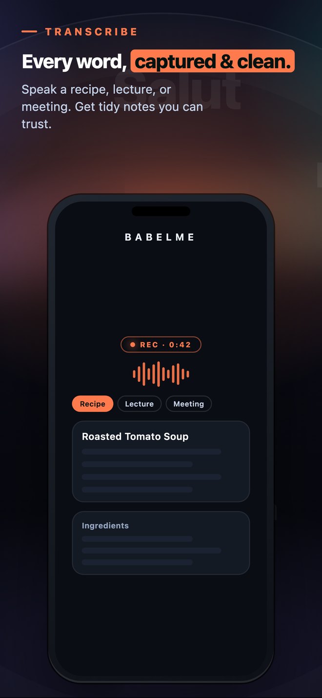 BabelMe Transcribe capturing a recipe into a clean note