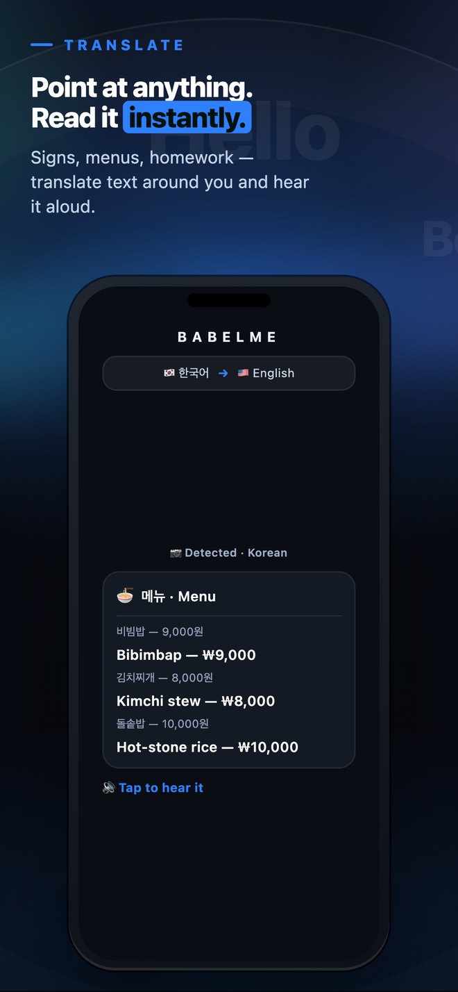 BabelMe camera translation reading a Korean menu into English